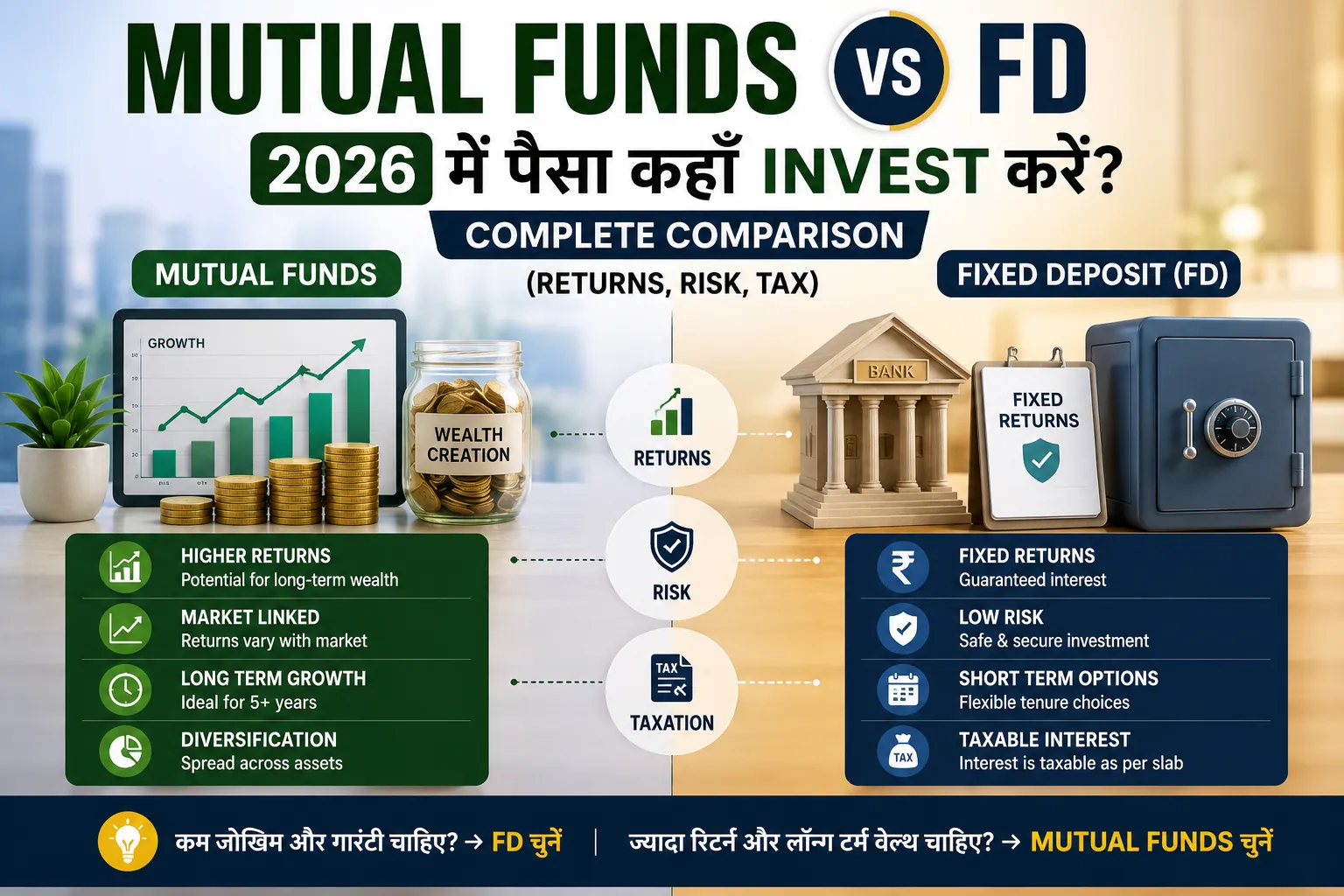 Mutual Funds vs FD: 2026 में पैसा कहाँ Invest करें? Complete Comparison (Returns, Risk, Tax)