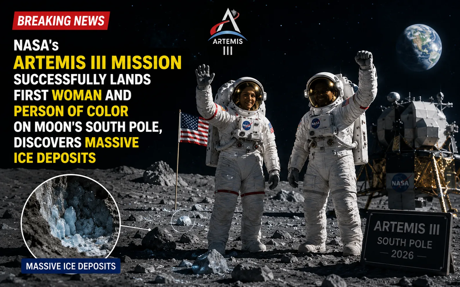 NASA's Artemis III Mission Successfully Lands First Woman and Person of Color on Moon's South Pole, Discovers Massive Ice Deposits